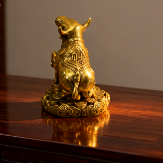 Brass Zodiac Ox Statue with Scepter – Feng Shui Symbol of Strength, Prosperity & Protection