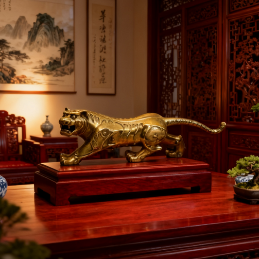 Solid Brass Tiger Statue – Feng Shui Guardian of Strength & Protection | Leadership & Success Gift for Home, Dorm, or Office
