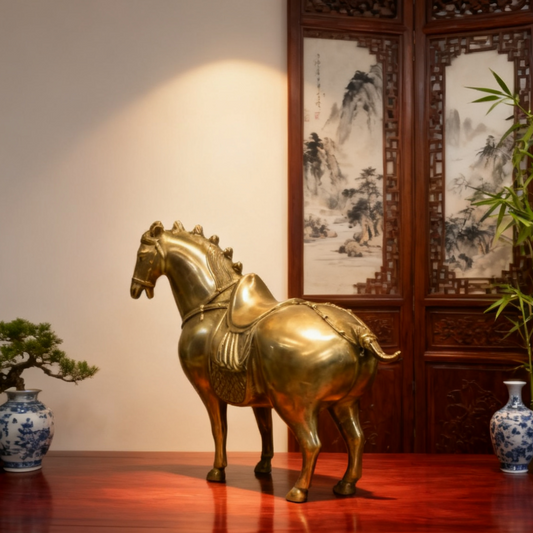 Solid Brass Horse Figurine | Tang Dynasty Inspired Feng Shui Decor | Autumn & Dorm Accent Gift