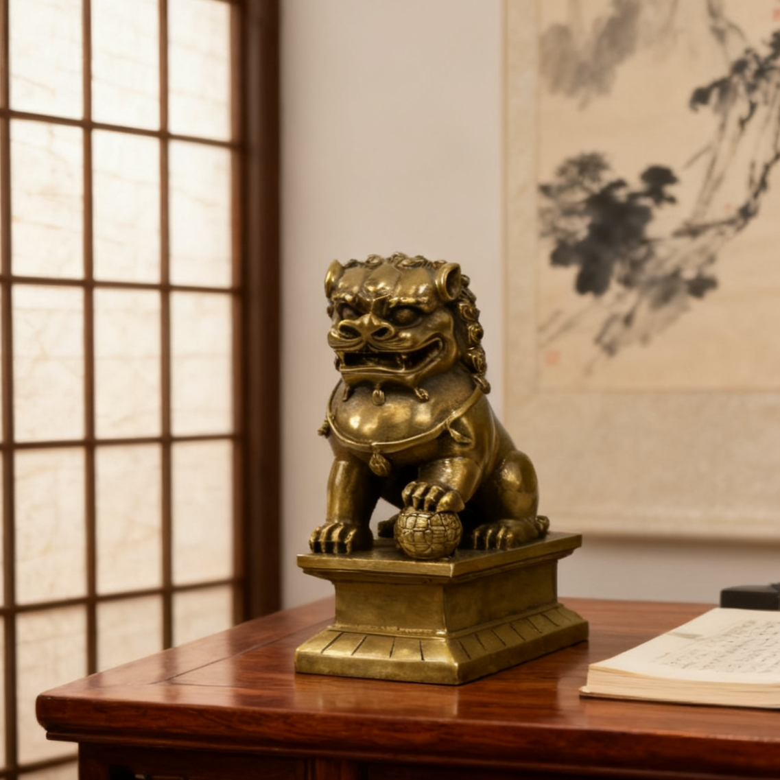 Brass Guardian Lions (Fu Dogs) – Feng Shui Home Protection Statues (Pair)