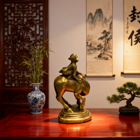 Brass Feng Shui Monkey on Horse Figurine | Symbol of Success & Prosperity | Fall Desk Decor & Holiday Gift