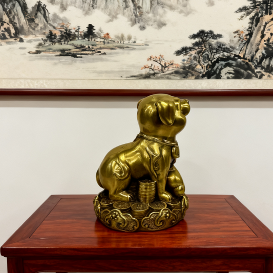 Brass Zodiac Dog Statue | Feng Shui Protection Symbol with Scepter | Solid Brass Figurine & Zodiac Gift