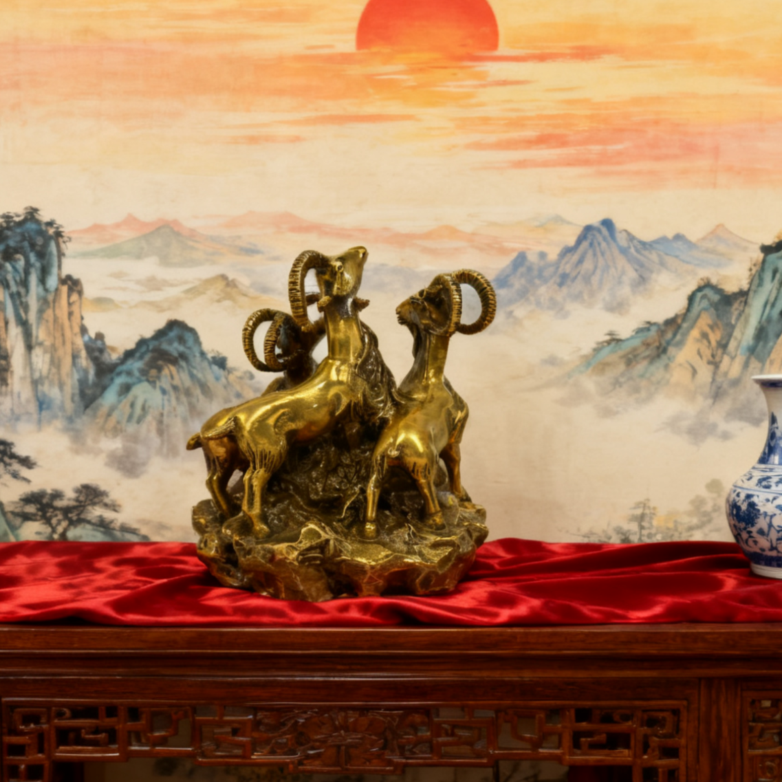Brass Three Rams Statue – San Yang Kai Tai Feng Shui Prosperity Decor