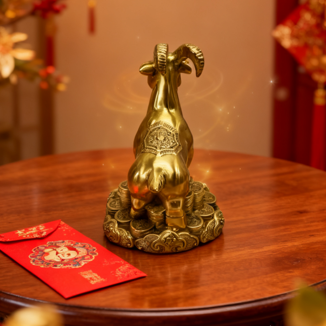 Brass Zodiac Goat Statue with Ruyi Scepter – Feng Shui Figurine for Prosperity, Luck & Creativity