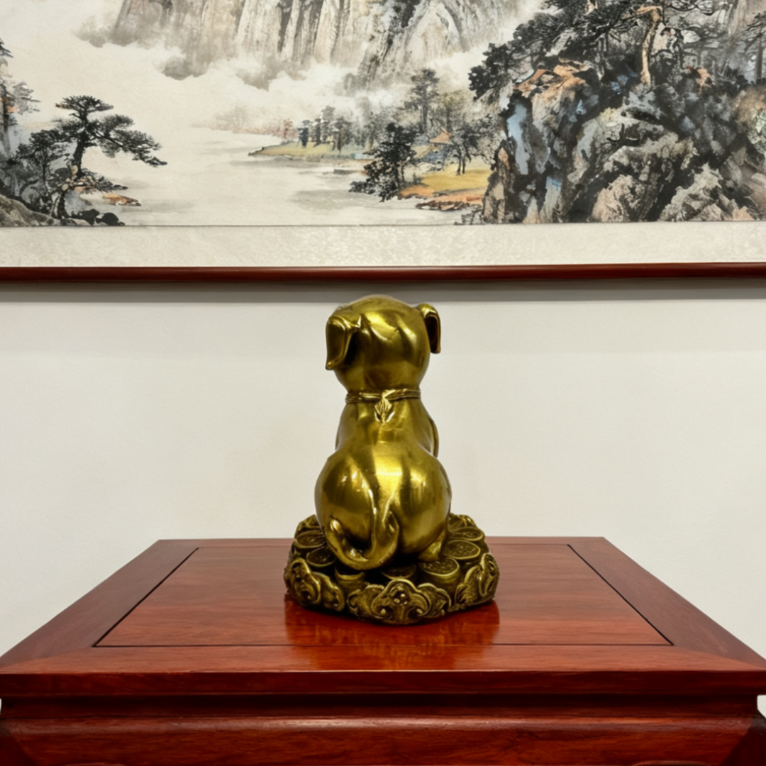 Brass Zodiac Dog Statue | Feng Shui Protection Symbol with Scepter | Solid Brass Figurine & Zodiac Gift
