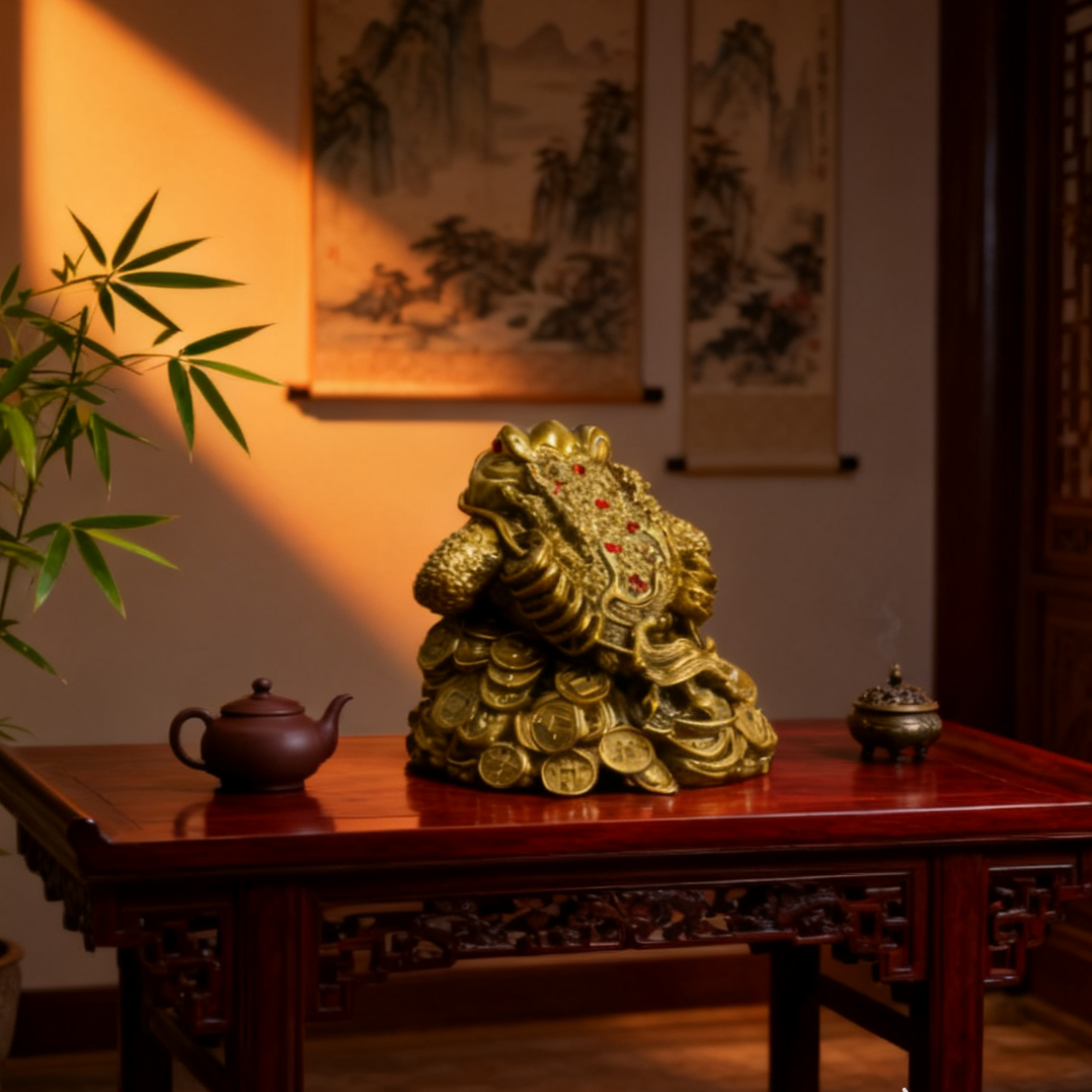 Solid Brass Feng Shui Money Toad – Three-Legged Wealth Frog Statue for Prosperity (Jin Chan Figurine)