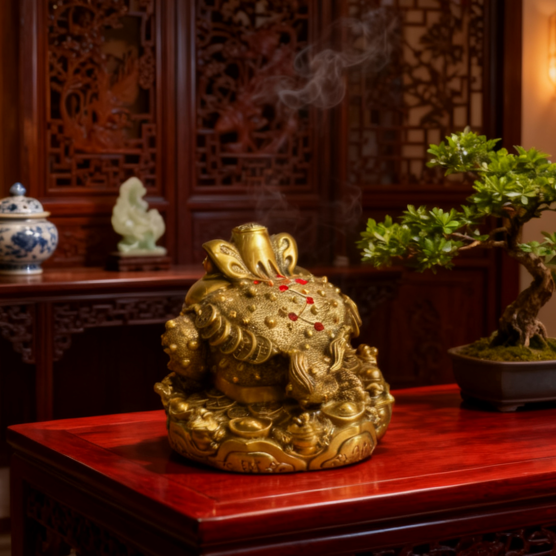 Eight Directions Feng Shui Money Toad – Brass Wealth Frog Statue for Prosperity & Abundance (Jin Chan Figurine)