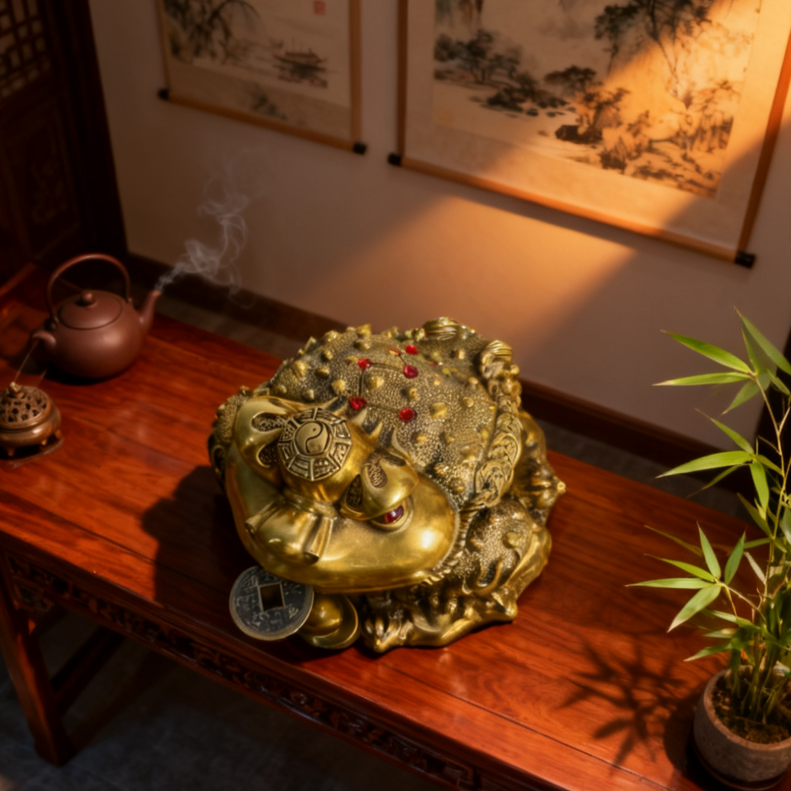 Eight Directions Feng Shui Money Toad – Brass Wealth Frog Statue for Prosperity & Abundance (Jin Chan Figurine)