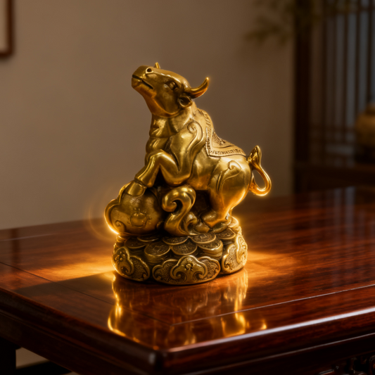 Brass Zodiac Ox Statue with Scepter – Feng Shui Symbol of Strength, Prosperity & Protection