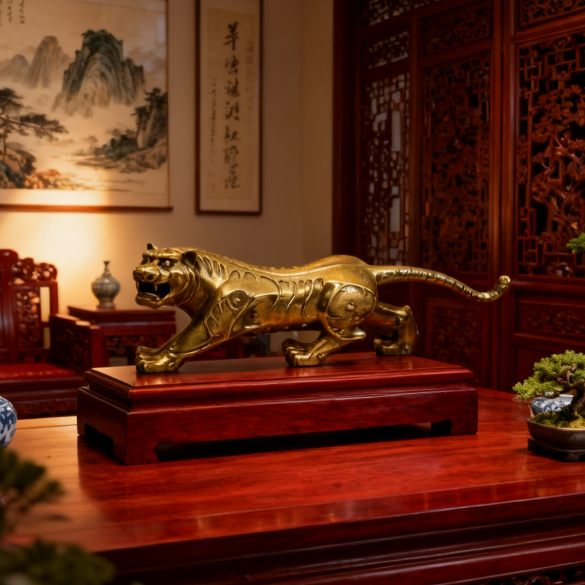 Solid Brass Tiger Statue – Feng Shui Guardian of Strength & Protection | Leadership & Success Gift for Home, Dorm, or Office