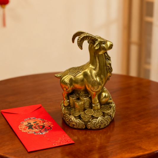Brass Zodiac Goat Statue with Ruyi Scepter – Feng Shui Figurine for Prosperity, Luck & Creativity