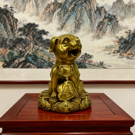 Brass Zodiac Dog Statue | Feng Shui Protection Symbol with Scepter | Solid Brass Figurine & Zodiac Gift