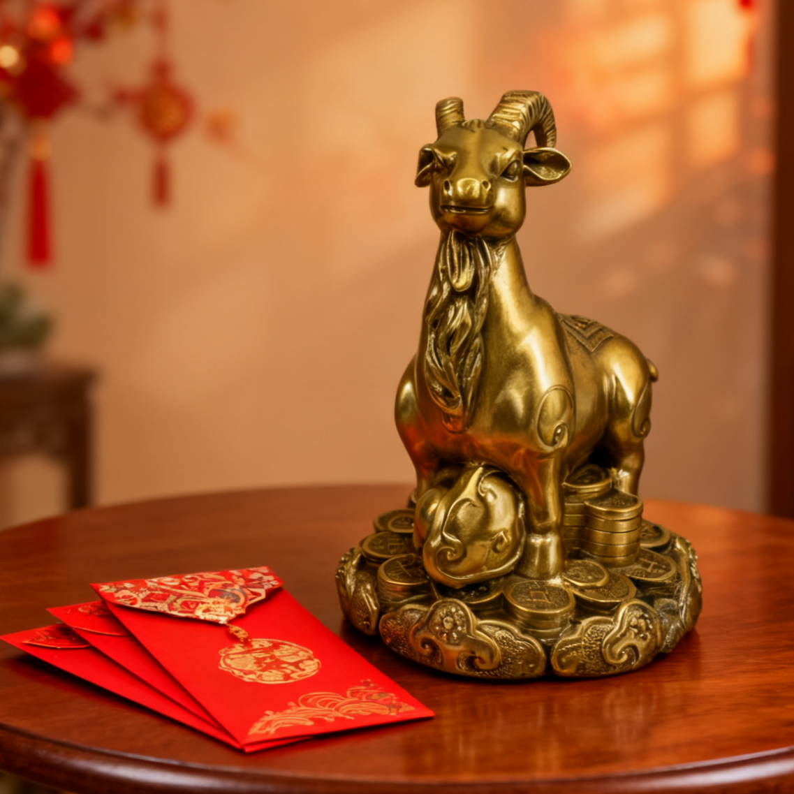 Brass Zodiac Goat Statue with Ruyi Scepter – Feng Shui Figurine for Prosperity, Luck & Creativity