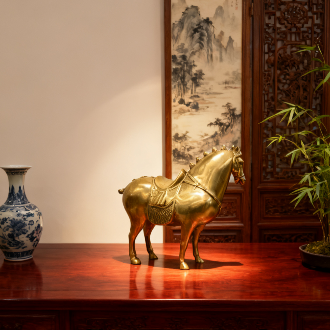 Solid Brass Horse Figurine | Tang Dynasty Inspired Feng Shui Decor | Autumn & Dorm Accent Gift