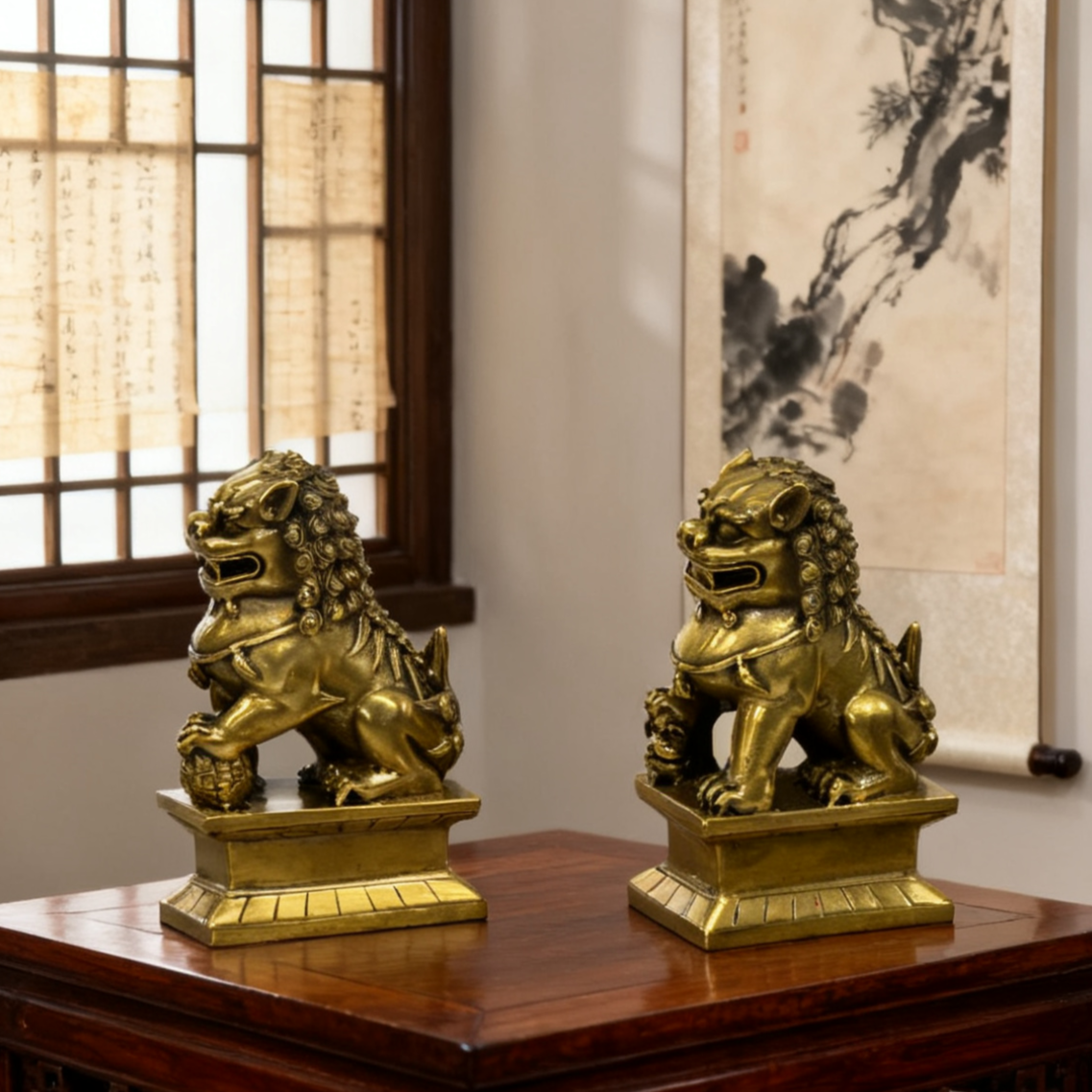 Brass Guardian Lions (Fu Dogs) – Feng Shui Home Protection Statues (Pair)