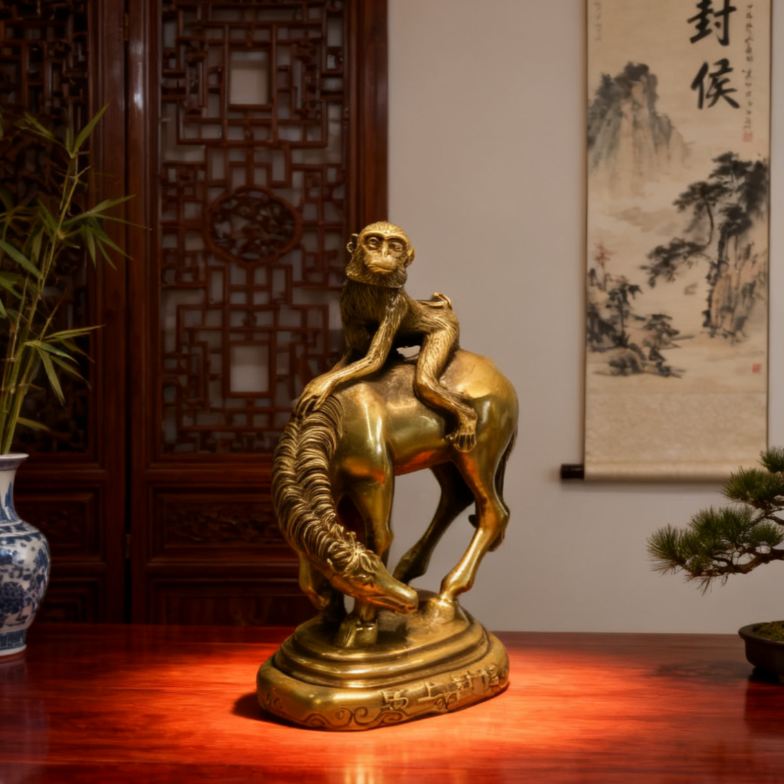 Brass Feng Shui Monkey on Horse Figurine | Symbol of Success & Prosperity | Fall Desk Decor & Holiday Gift