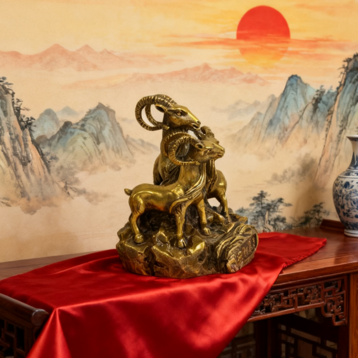 Brass Three Rams Statue – San Yang Kai Tai Feng Shui Prosperity Decor