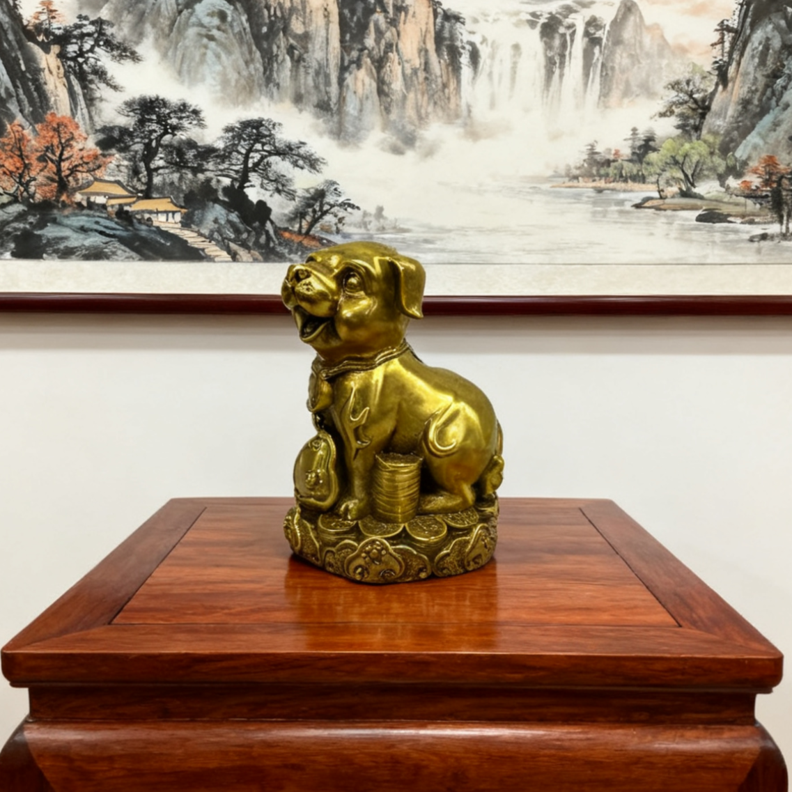 Brass Zodiac Dog Statue | Feng Shui Protection Symbol with Scepter | Solid Brass Figurine & Zodiac Gift