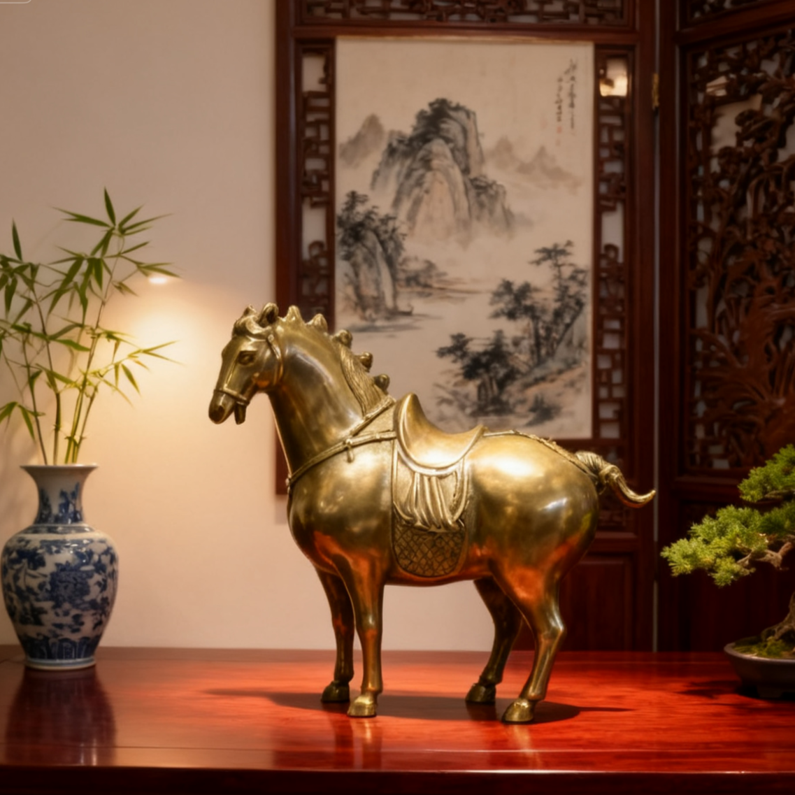 Solid Brass Horse Figurine | Tang Dynasty Inspired Feng Shui Decor | Autumn & Dorm Accent Gift