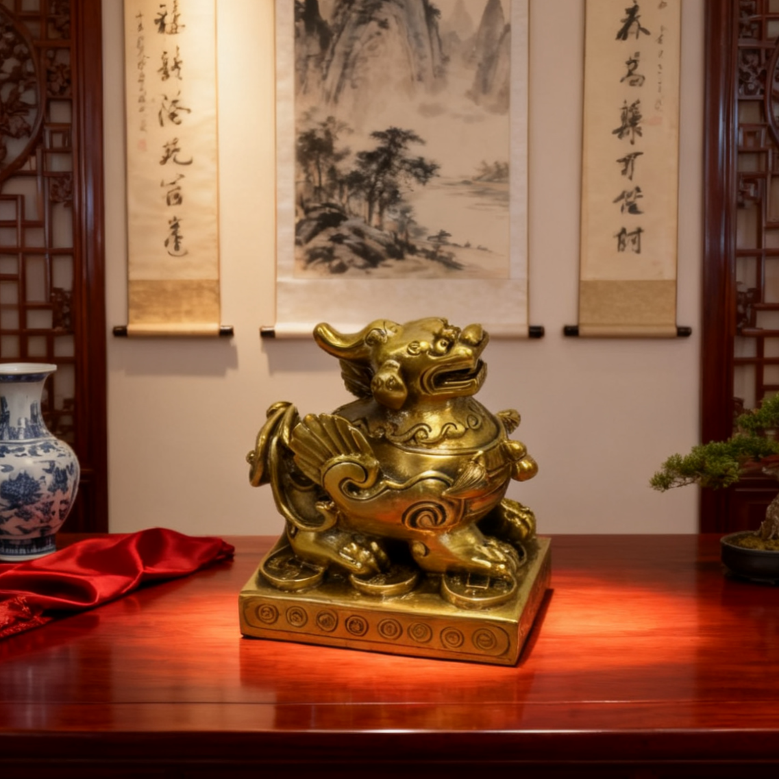 Large Brass Pixiu Statue – Feng Shui Wealth Guardian, Prosperity & Protection Decor