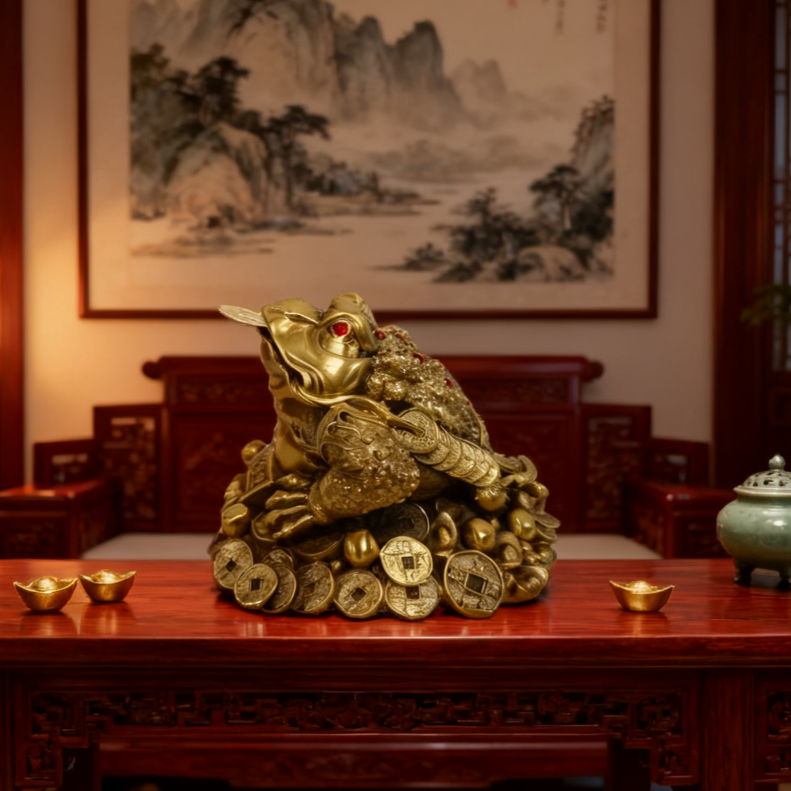 Brass Feng Shui Money Toad – Lucky Three-Legged Wealth Frog Statue (Jin Chan Figurine for Prosperity & Abundance)