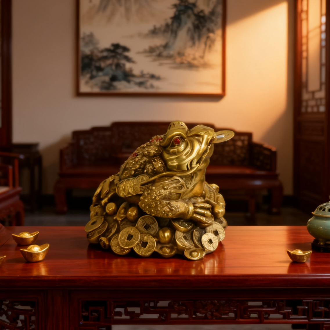 Brass Feng Shui Money Toad – Lucky Three-Legged Wealth Frog Statue (Jin Chan Figurine for Prosperity & Abundance)