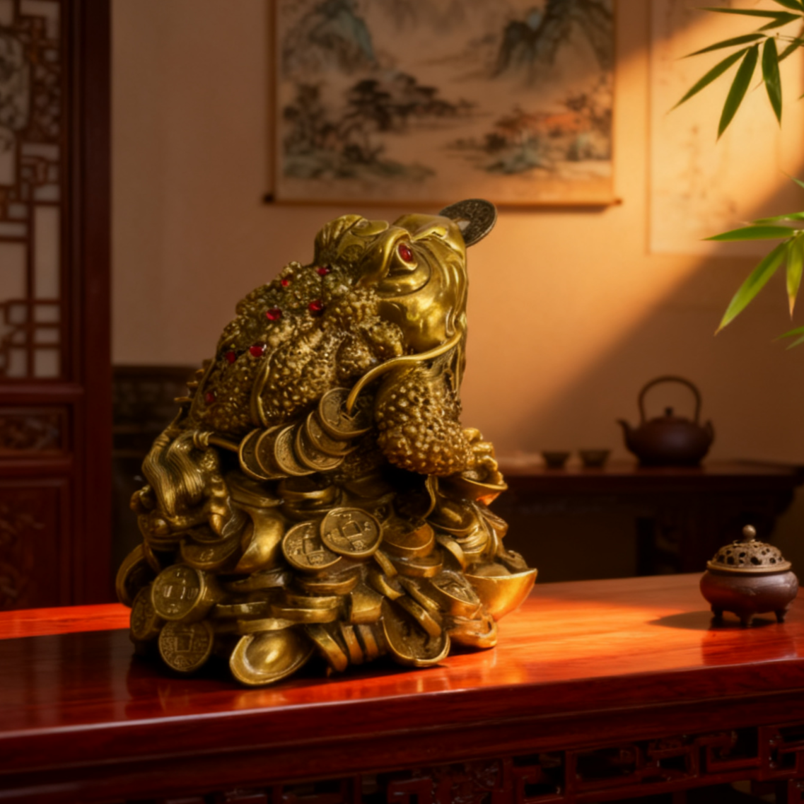 Solid Brass Feng Shui Money Toad – Three-Legged Wealth Frog Statue for Prosperity (Jin Chan Figurine)
