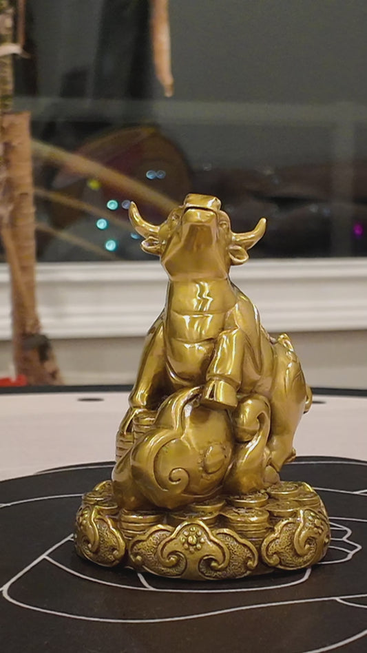 Brass Zodiac Ox Statue with Scepter – Feng Shui Symbol of Strength, Prosperity & Protection