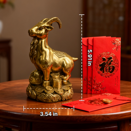 Brass Zodiac Goat Statue with Ruyi Scepter – Feng Shui Figurine for Prosperity, Luck & Creativity